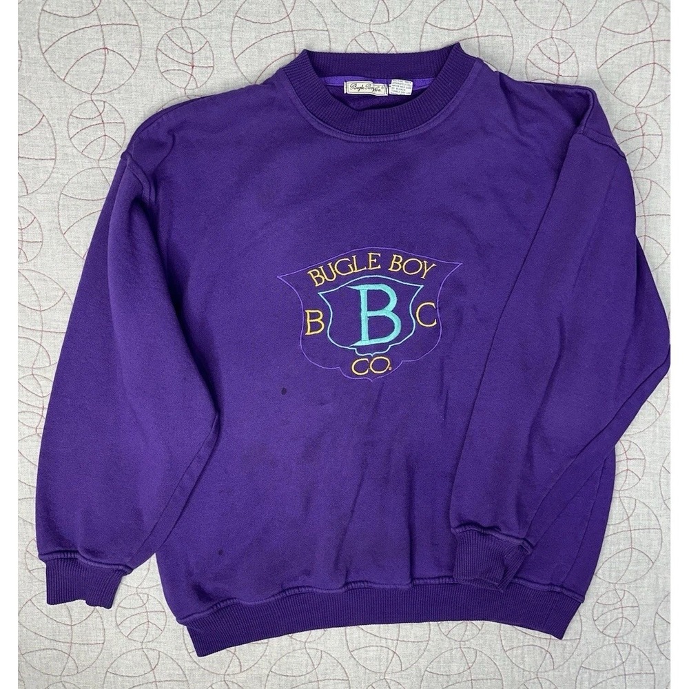 Men's Vintage 90s Bugle Boy Purple Crew Neck Sweatshirt XL Embroidered